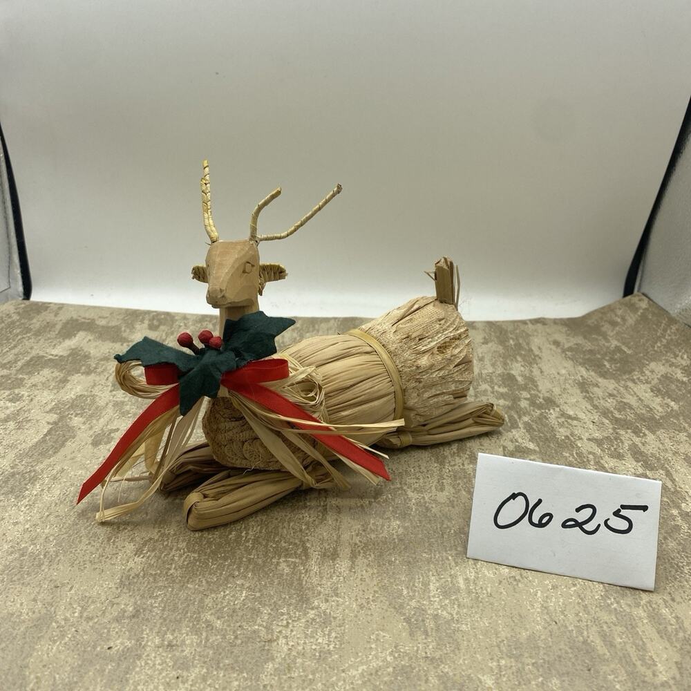 Wood Carved Reindeer Straw Christmas Deer Sitting Holiday Decor Sweden Wicker